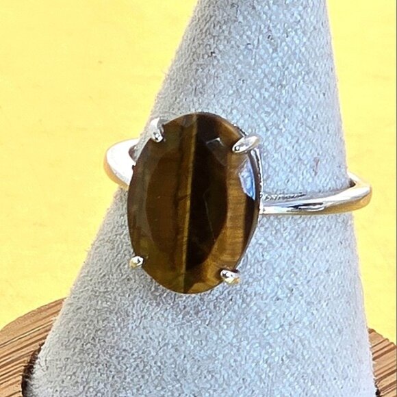 925 Sterling Silver Ring Sz 7.5 with Natural Tiger's Eye Gemstone 13x10mm - Picture 12 of 14